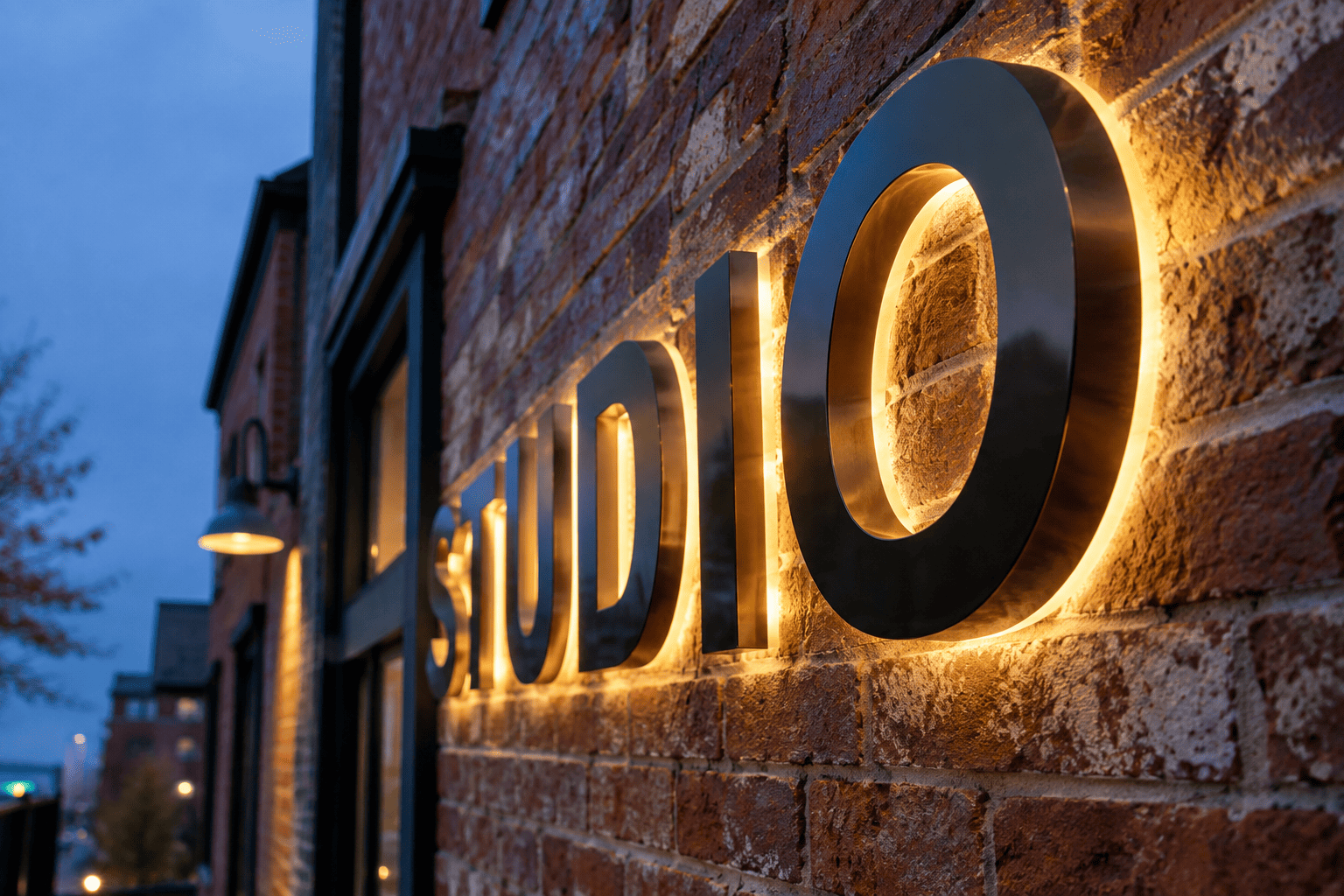 Halo-lit channel letters mounted on a brick building at dusk